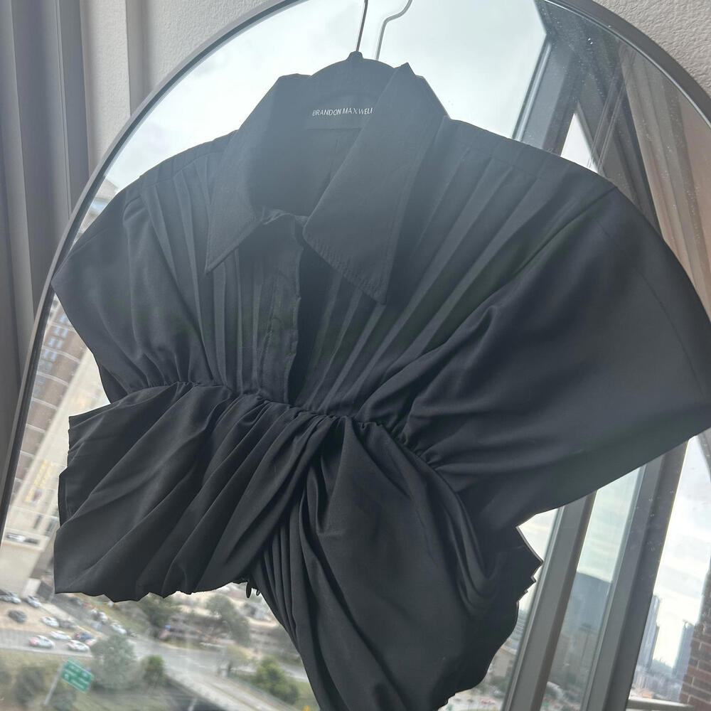 Brandon Maxwell Elegant Black Pleated Crop Top Blouse